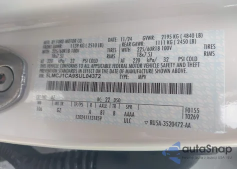 2025 Lincoln Corsair Premiere z USA, uszkodzony, nr VIN 5LMCJ1CA9SUL04372